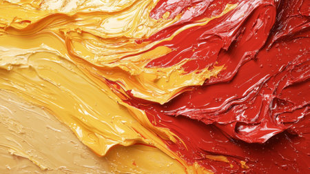 Bright swirls of red, yellow, and orange paint blend together on a textured surface, creating a dynamic and warm visual display that evokes energy and creativity.の素材