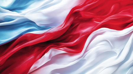 A vibrant arrangement of red, white, and blue fabric undulates softly, evoking a sense of pride and celebration at an outdoor event under the warm sun.の素材