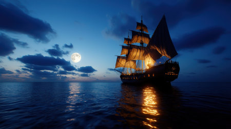 A large ship sails in the ocean at night with a full moon in the background. The scene is serene and peaceful, with the moon reflecting on the water and the ship's light shining through the darknessの素材