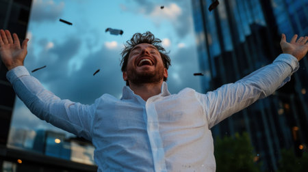 A man is jumping in the air with his arms outstretched, surrounded by confetti. He is smiling and he is celebrating somethingの素材