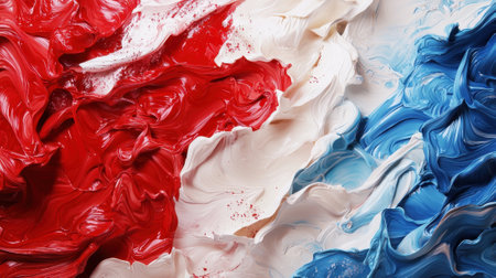Bold swirls of red, white, and blue paint blend together, creating a striking abstract texture. This colorful arrangement showcases artistic creativity in a well-lit studio environment.の素材