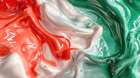 Vivid red, white, and green colors blend and swirl together, resembling a dynamic abstract artwork celebrating culture. The smooth textures create an eye-catching visual effect.の素材