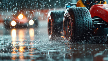Racing cars navigate a wet track under rainy conditions, showcasing their performance with water splashing around. Drivers skillfully maneuver through challenging weather.の素材