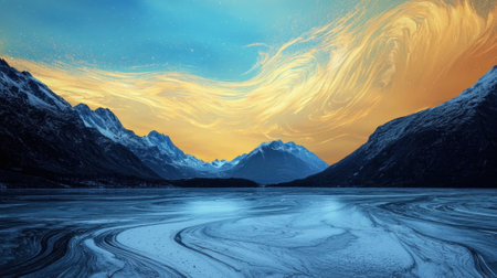 Vibrant colors fill the sky as the sun sets behind majestic snow-capped mountains. The lake's surface mirrors the kaleidoscope of orange and blue hues, creating a serene atmosphere.の素材