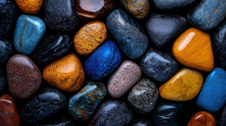 A collection of colorful rocks arranged in a pattern. The colors include blue, yellow, and brown. The arrangement of the rocks creates a visually interesting and unique designの素材