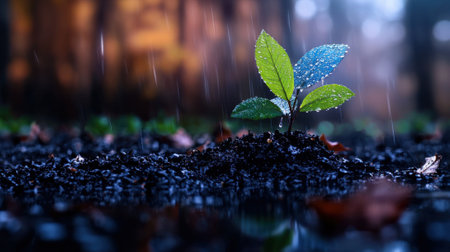 A small plant is growing in a puddle of water. The plant is surrounded by leaves and dirt. Concept of growth and renewal, as the plant is thriving in the damp environmentの素材