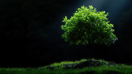 A small tree is growing in the grass. The tree is surrounded by darkness, and the only light is coming from the sun. Concept of solitude and peacefulness, as the tree stands alone in the darkの素材