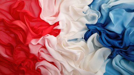 Soft, flowing fabric displays the vibrant colors of red, white, and blue, symbolizing the French national flag. The textiles are arranged in a way that emphasizes their textures and hues.の素材