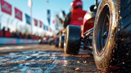 A karting race takes place on a muddy track, with focused drivers on their performance. Spectators cheer as karts speed past, throwing up splashes of water and dirt in the sunlight.の素材