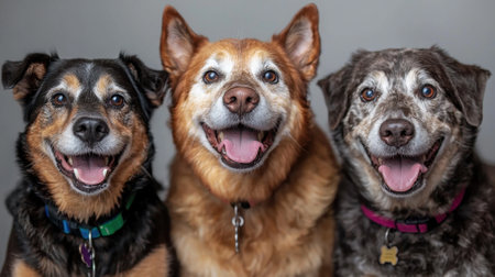 Three dogs sit close, smiling happily at the camera. Their unique fur patterns and bright collars showcase their individuality. The background is a soft gray, enhancing their vibrant features.の素材