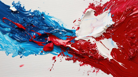 Vivid colors of red, blue, and white intertwine on a textured canvas, showing an expressive abstract art piece. The vibrant paint strokes create a sense of movement and energy.の素材