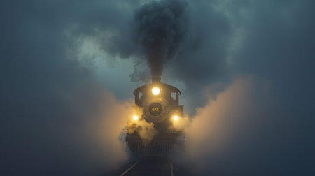 A vintage steam locomotive advances through dense fog during twilight, emitting billows of smoke while its bright headlights pierce the mist, creating a mystical atmosphere.の素材