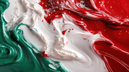 Bold swirls of red, white, and green intertwine in a rich texture, creating an immersive visual experience reminiscent of celebration and culture.の素材