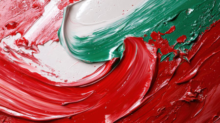 Bright red and green paint forms dynamic swirls, suggesting a celebration of creativity and festivity. The colors blend beautifully, evoking holiday cheer and artistic expression.の素材