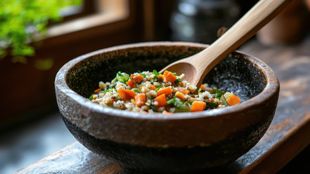 A vibrant quinoa salad featuring chopped vegetables like carrots and bell peppers rests in a rustic wooden bowl. The warm sunlight highlights the colors on a wooden table.の素材
