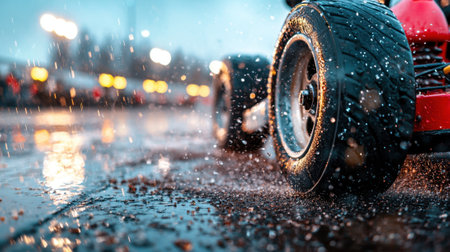 A racing kart moves swiftly over a wet surface, creating splashes as the tires hit puddles. The evening atmosphere is illuminated by distant lights in the background.の素材