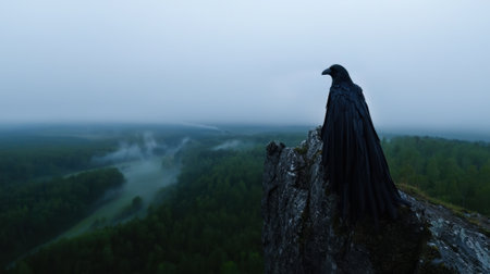 A raven stands majestically on a rocky outcrop, gazing over a lush forest shrouded in morning mist. The serene landscape stretches infinitely under a soft, gray sky.の素材