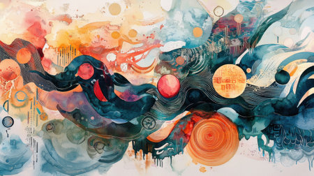 Swirling patterns and vivid colors create an abstract representation of dynamic movement and fluidity, with circular elements and organic shapes forming a captivating visual flow.の素材