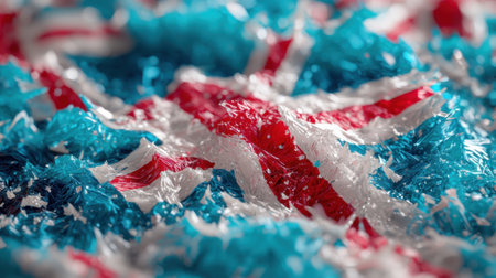 A textured surface displays the colors of the British flag, with red, white, and blue materials intermingling. The arrangement creates a striking visual effect, capturing attention.の素材