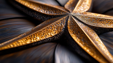 A close up of a gold starfish with a lot of detail. The starfish is surrounded by a blurry backgroundの素材