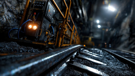 Inside a dimly lit underground mining tunnel, machinery rests beside metal rail tracks, revealing the rugged environment and the tools used in this challenging work setting.の素材