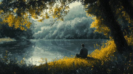A person sits quietly at the riverbank, casting a fishing line into calm waters. Golden leaves reflect the beauty of the fall season, creating a peaceful atmosphere.の素材