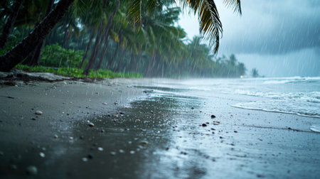 A beach with palm trees and a cloudy sky. The sky is overcast and it is rainingの素材