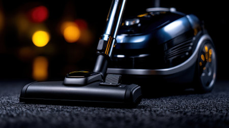 A sleek vacuum cleaner is shown in close-up while being used on a dark carpet. Soft lighting in the background suggests evening cleaning efforts in a cozy environment.の素材