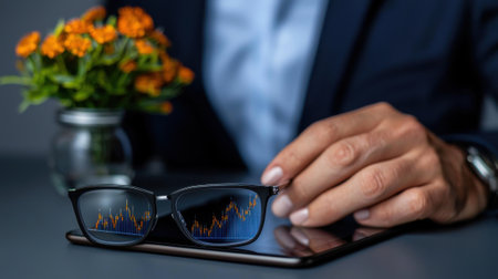 A business professional engages in market analysis, using a tablet. Glasses reflect stock charts, and a small vase with orange flowers adds a pop of color to the office environment.の素材