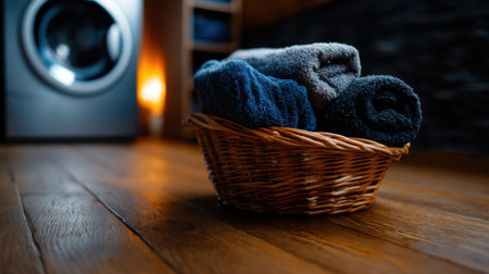 A woven basket holds fluffy towels, neatly arranged and colorful, placed next to a washing machine in a warm, inviting laundry room.の素材