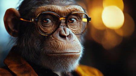 A monkey wearing glasses and a suit. The monkey is looking at the camera. The image has a playful and humorous moodの素材