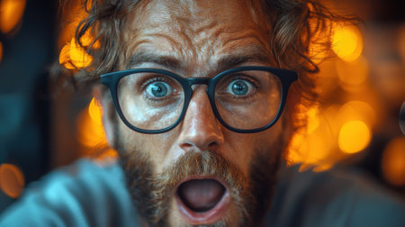 A man with glasses and a beard is looking surprised. The image has a mood of surprise and curiosityの素材