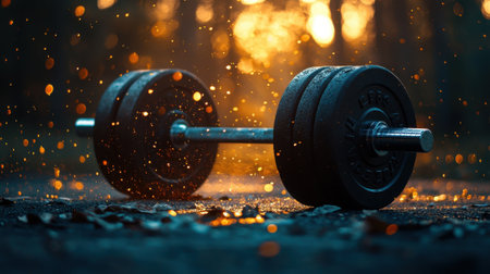 A black weight bar with a silver handle is sitting on a wet surface. The bar is surrounded by a lot of sparks, which gives the image a sense of motion and energyの素材