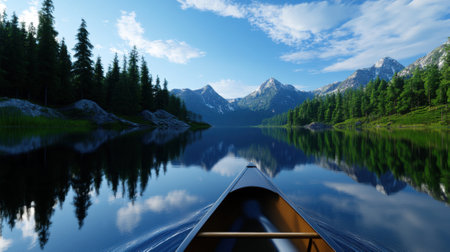 A person paddles a canoe across a calm lake, reflecting towering mountains and dense forests in bright sunlight. The peaceful atmosphere is perfect for outdoor exploration and relaxation.の素材