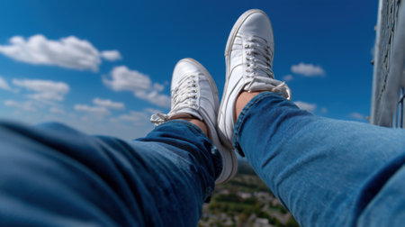 Person's feet in white sneakers dangle off the edge, revealing a breathtaking view of lush green fields under a bright blue sky with fluffy clouds. A moment of freedom and exhilaration.の素材