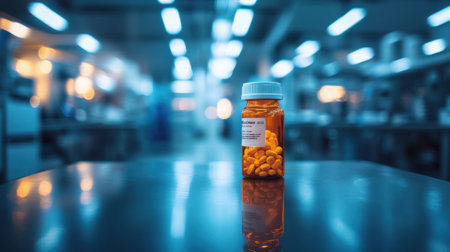 A bottle of vitamin pills sits on a table in a dimly lit room. The bottle is orange and the pills inside are yellow. The room is filled with light, but the bottleの素材
