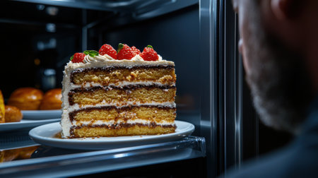 A man is looking at a cake with strawberries on it. The cake is cut into layers and is placed on a white plateの素材