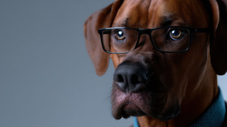 A dog with a focused expression wears stylish glasses against a soft gray background. The animal's fur and attire give a playful yet serious vibe, enhancing its charming look.の素材