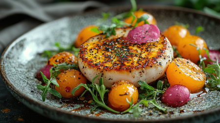 A plate of food with a piece of meat and a variety of vegetables. The plate is on a tableの素材