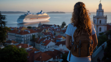 A traveler admires a large cruise ship navigating the tranquil waters at sunset. The vibrant rooftops and a historic building create a charming backdrop to her experience.の素材