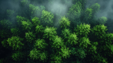A forest with trees that are green and have a misty atmosphere. The trees are tall and dense, creating a sense of depth and mystery. The mist adds to the overall mood of the sceneの素材