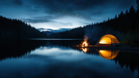Campers enjoy a tranquil evening by the lake, a bright tent illuminated against the darkening sky. A comforting campfire crackles, creating warm reflections on the calm water.の素材