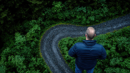 A man is standing on a dirt road in a forest. He is wearing a black jacket and looking up at the sky. The scene is peaceful and serene, with the man taking in the beauty of nature around himの素材