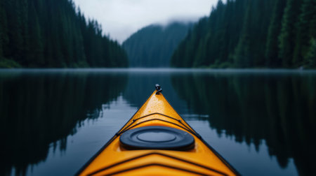 A bright yellow kayak floats on a serene lake, with still water reflecting the surrounding dense forests under a misty sky during early morning light.の素材