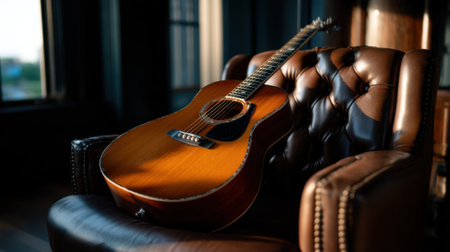 A classic acoustic guitar is placed on a brown leather armchair, catching warm light from nearby windows. The setting provides a relaxing ambiance, suggesting a peaceful evening.の素材