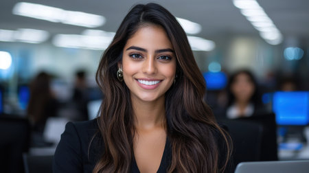A woman with long brown hair is smiling at the camera. She is wearing a black dress and is sitting in front of a laptopの素材