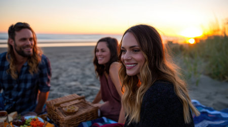 A group of friends relaxes on a sandy beach during sunset, sharing food and drinks while surrounded by the beauty of nature. The golden sky reflects happiness and connection.の素材