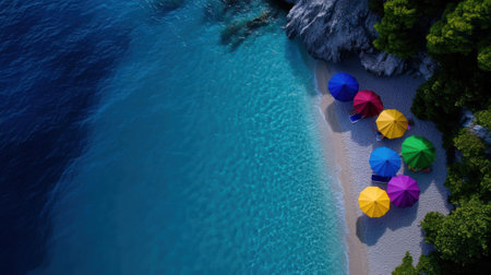 Brightly colored umbrellas dot the sandy beach alongside crystal clear waters. Lush greenery frames the tranquil scene, creating a perfect getaway for relaxing and enjoying nature's beauty.の素材