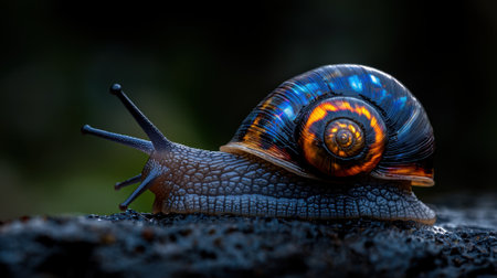 A colorful snail is on a rock. The snail is orange and blueの素材