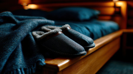 Soft slippers rest beside a warm blanket on a wooden bed, creating a cozy atmosphere perfect for relaxation and comfort in a nighttime setting.の素材